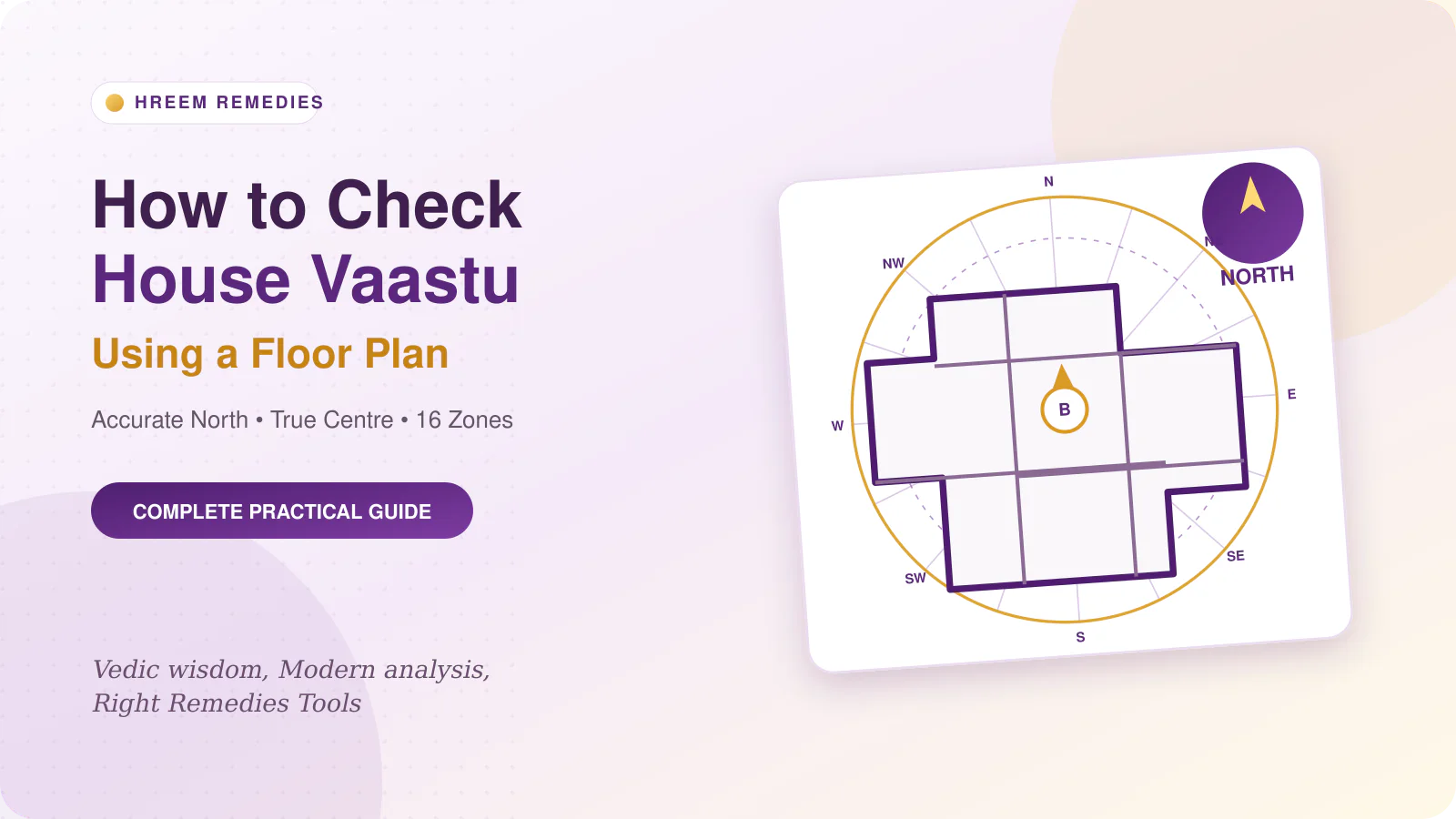 House floor plan aligned with a compass and 16 Vaastu zones for accurate Vaastu analysis