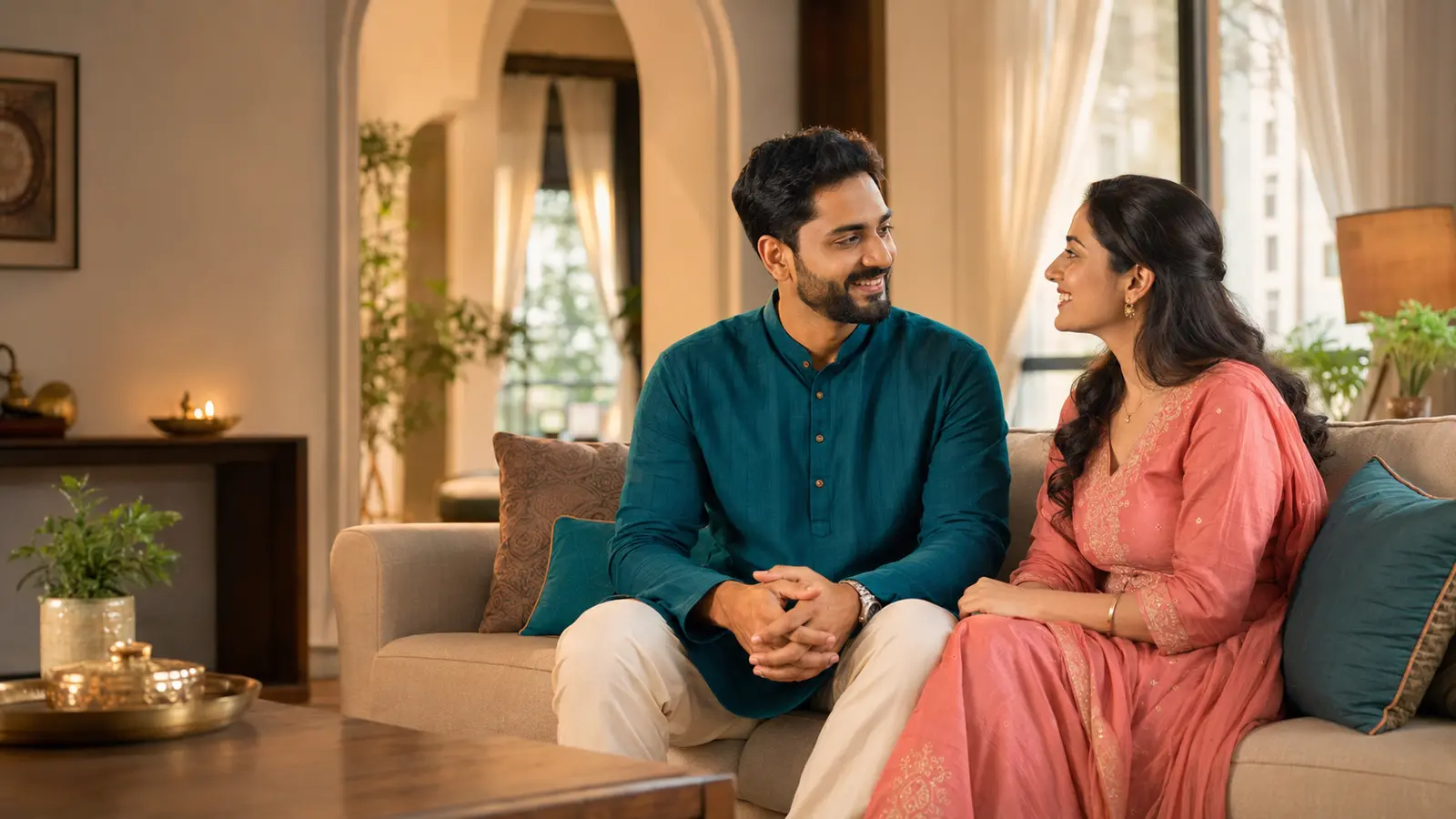 Indian couple using a positive relationship harmony routine at home