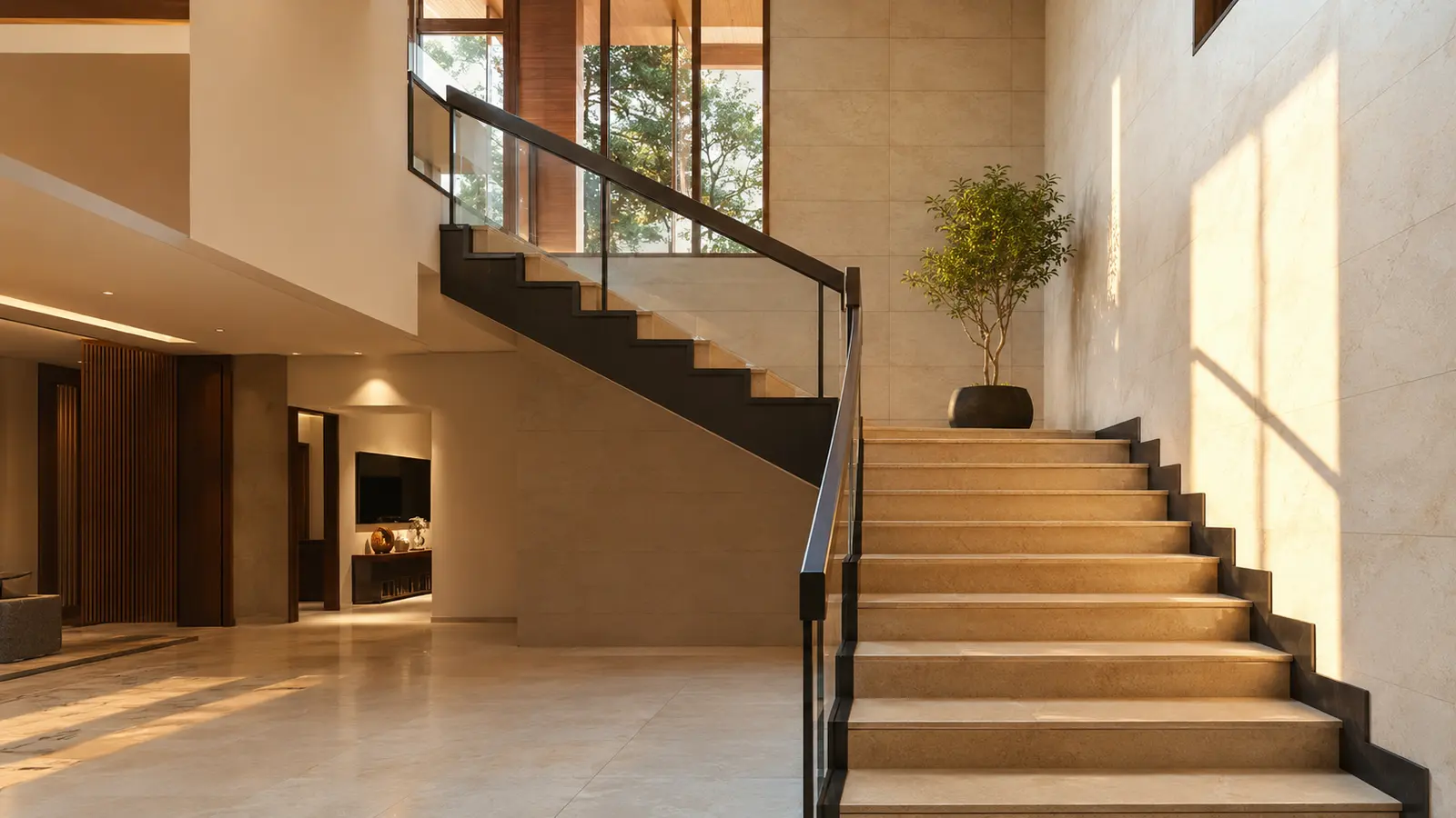 Modern clockwise staircase illustrating staircase Vastu principles