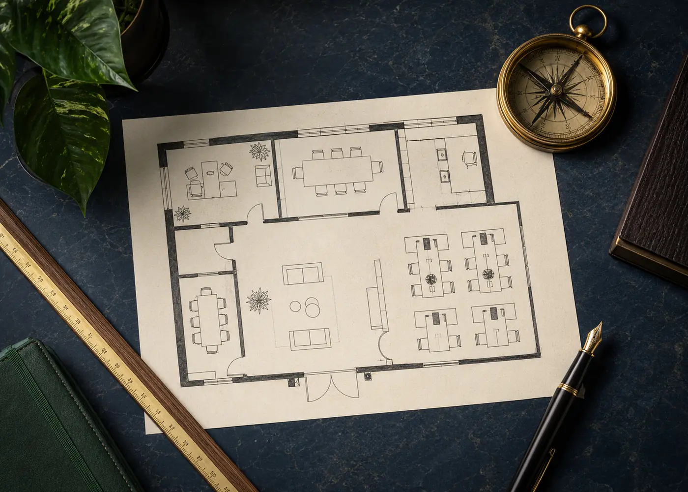 Office floor plan and compass used before selecting a business growth Yantra