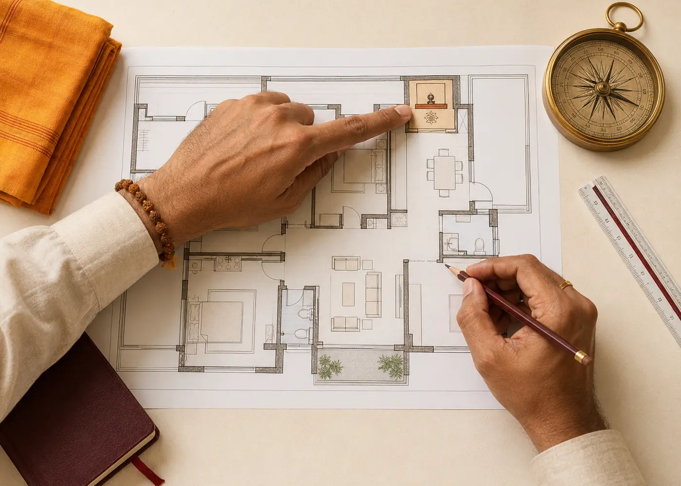 Floor plan and compass used to assess the correct pooja room location