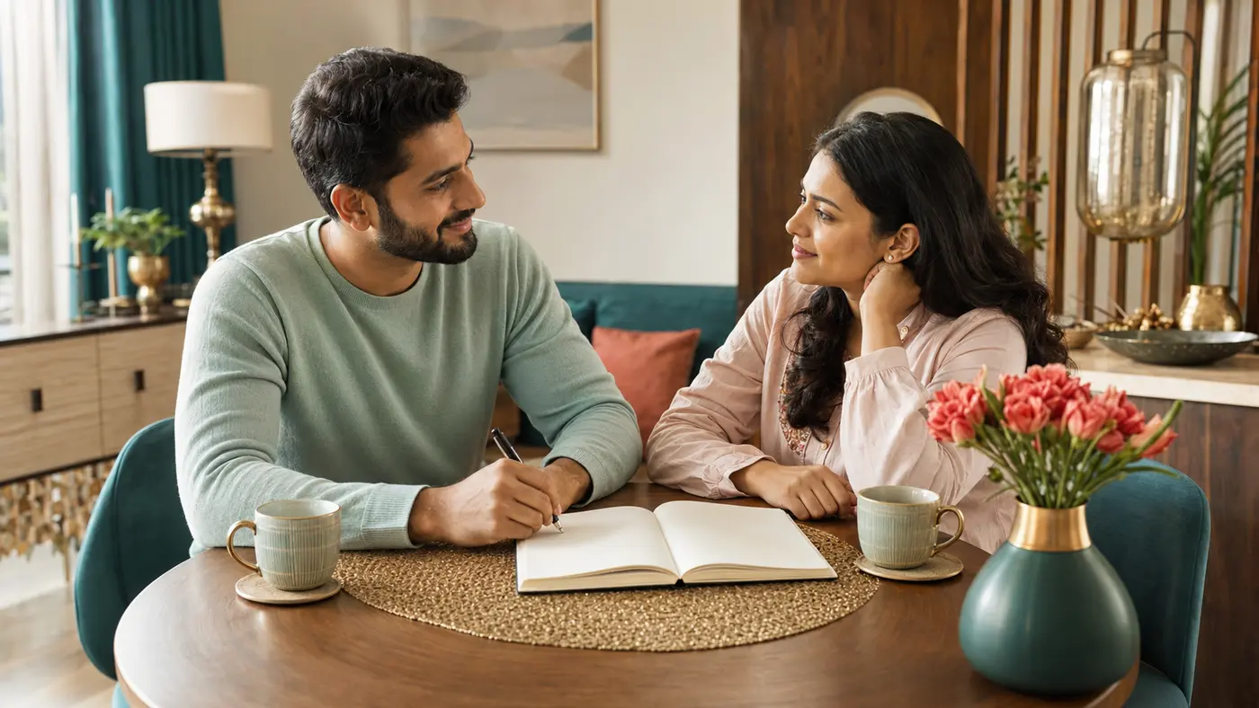 Indian couple having a calm weekly relationship check in with one shared goal