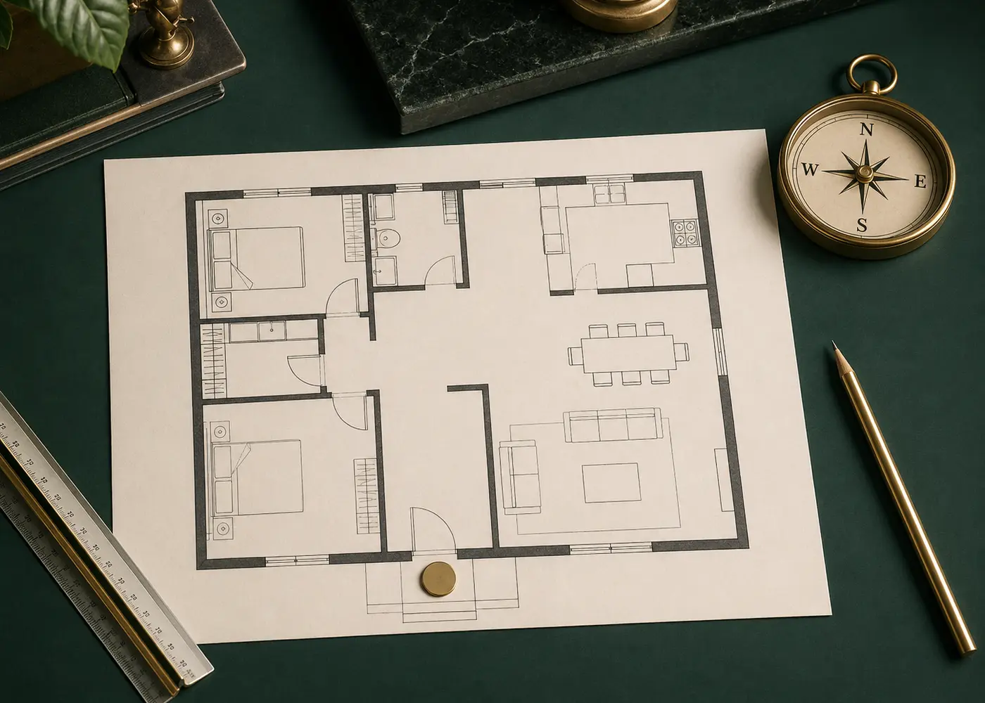South-facing house floor plan assessment with compass