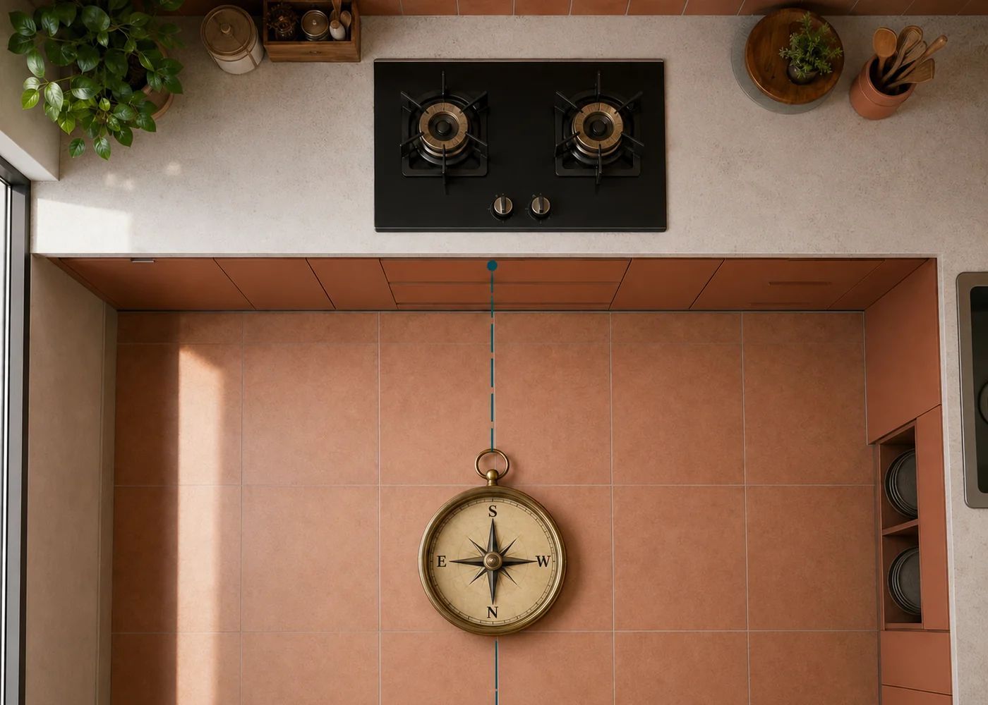 Kitchen compass showing a stove where the cook faces South