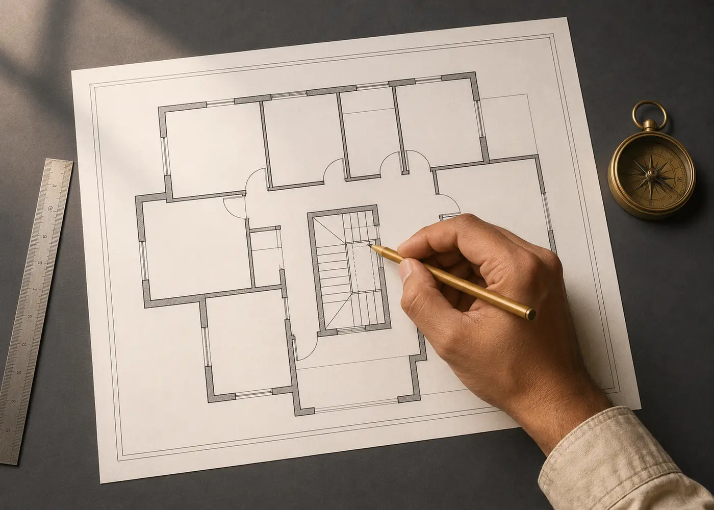 Architectural floor plan and compass used for staircase Vastu assessment
