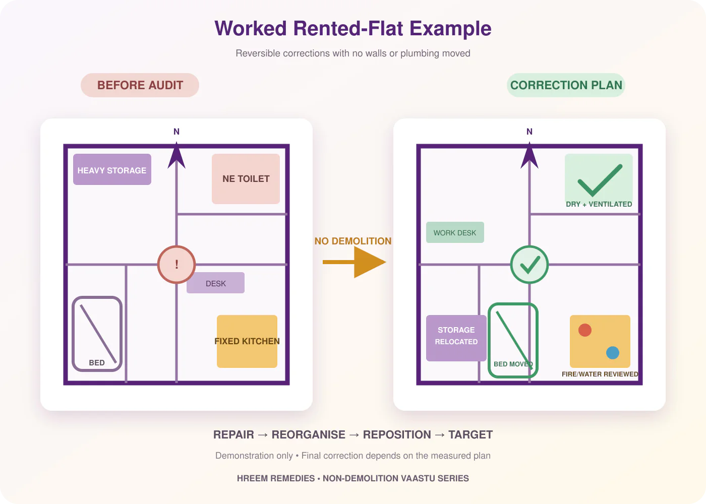 Before and after plan showing reversible Vaastu corrections in a rented flat