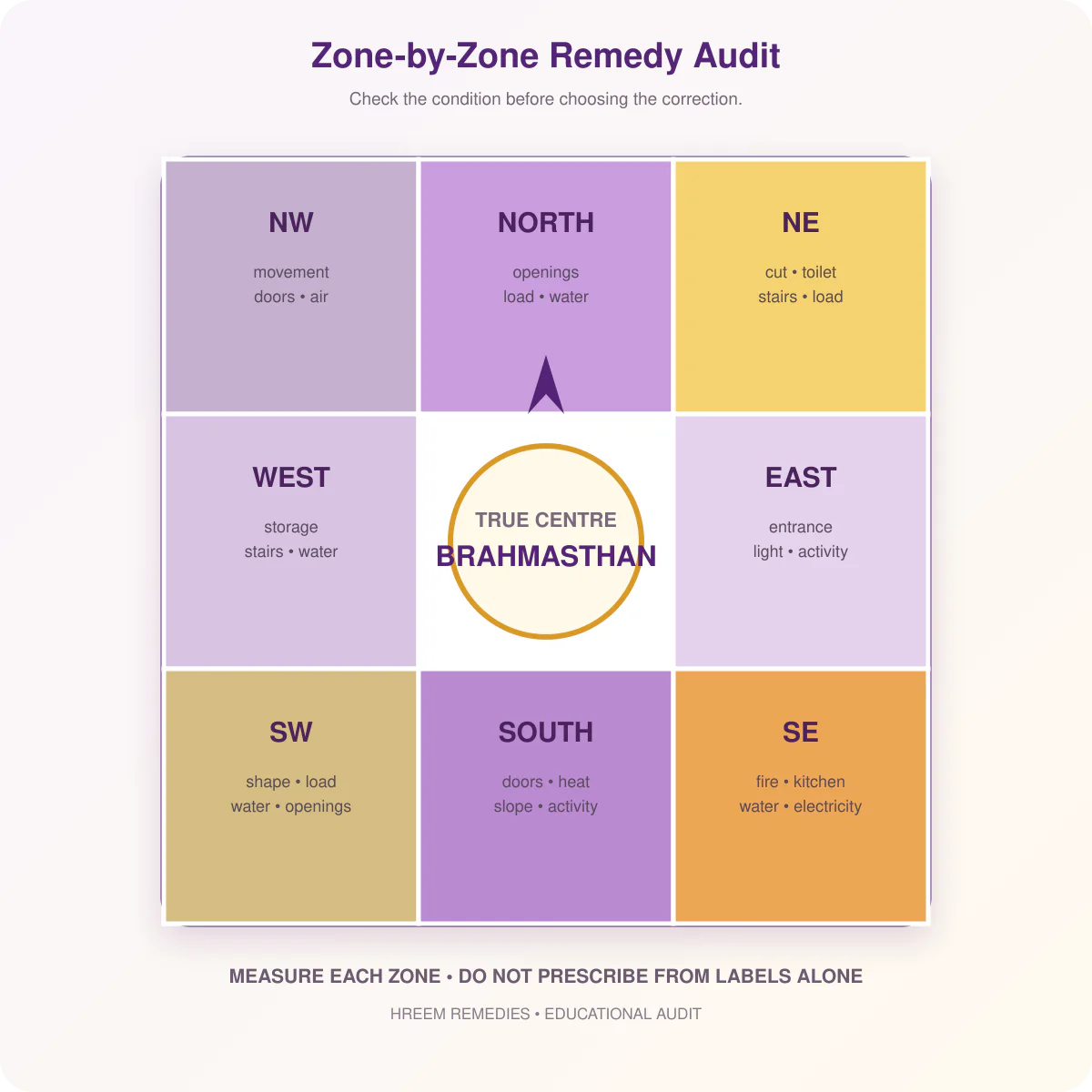 Nine-area directional audit for selecting non-demolition Vaastu remedies